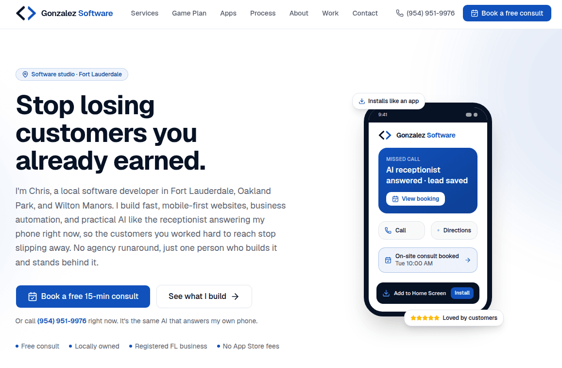 The Gonzalez Software homepage with its installable-app hero